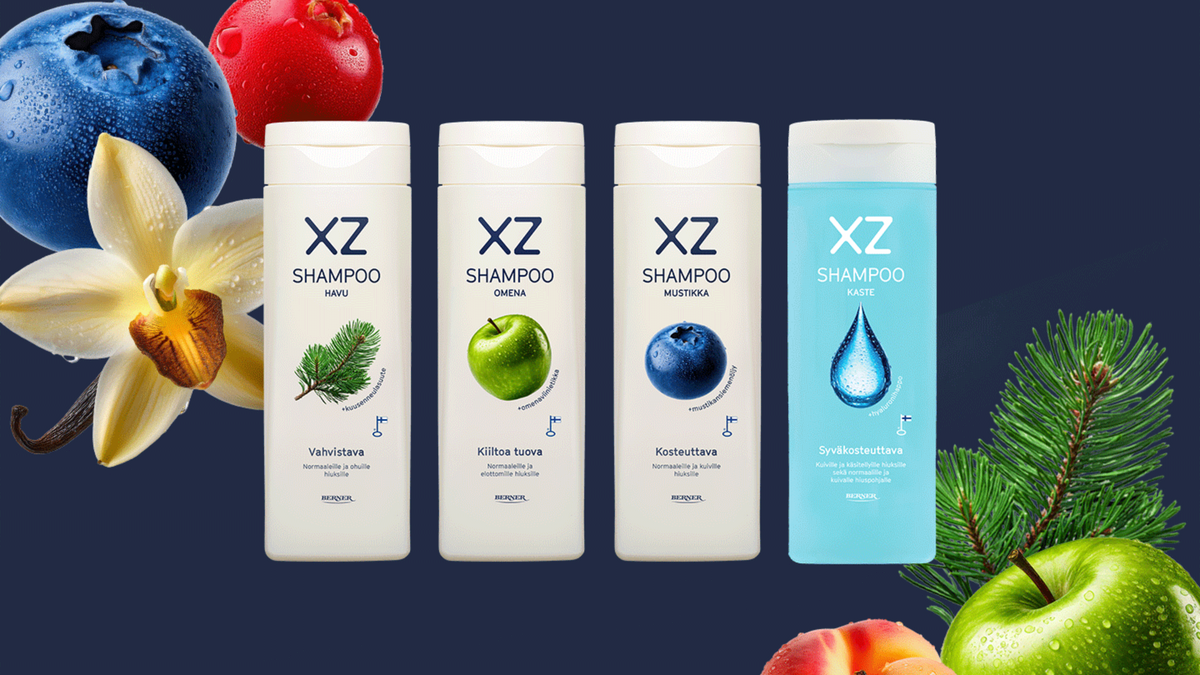 XZ shampoot rivissä ja reunoilla kuvia marjoista, hedelmistä, kukista ja havuista